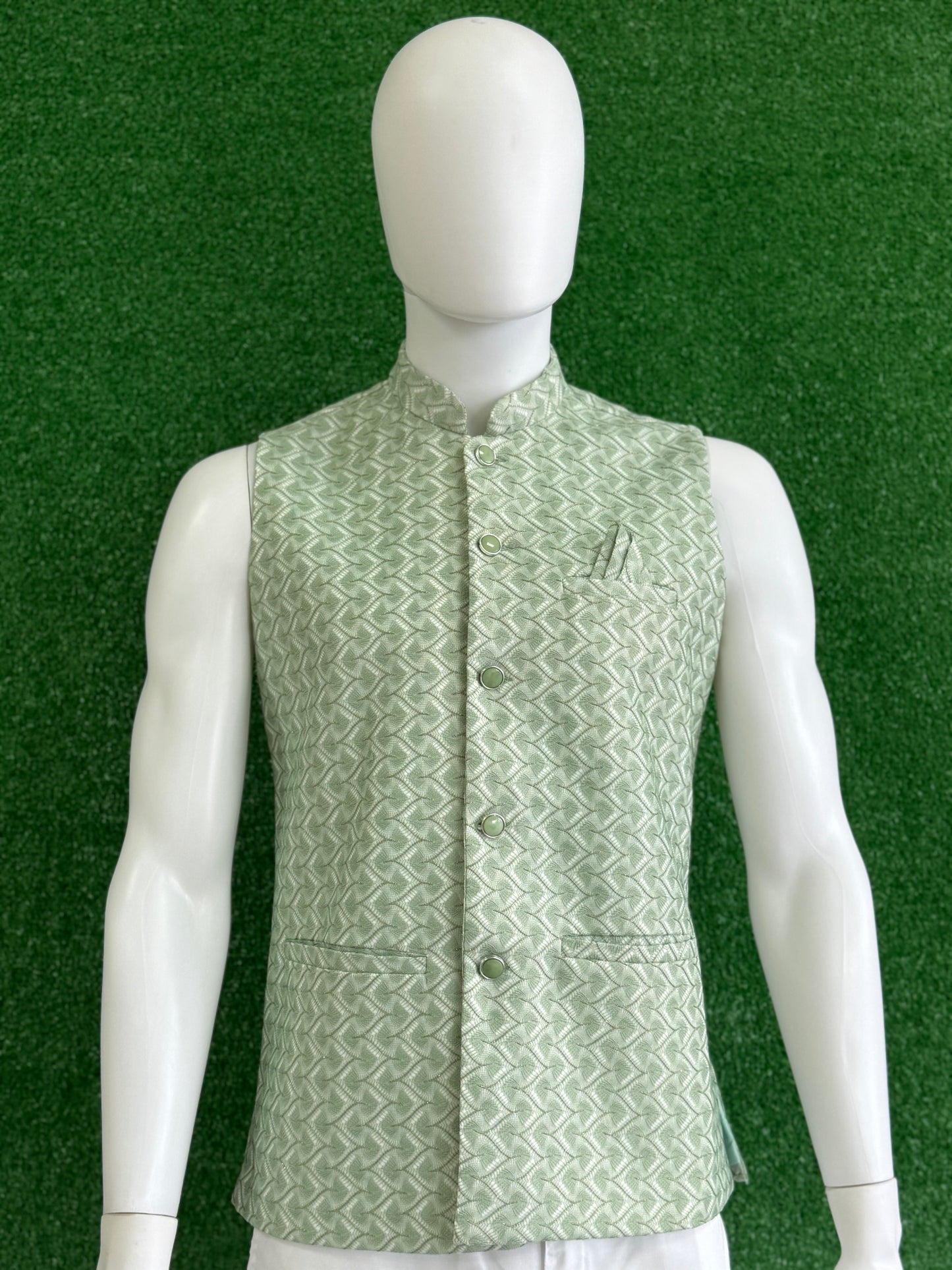 Light Green Modi Coat with White Geometric Pattern