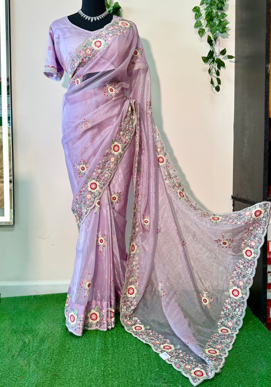 Lavender Ready-to-Wear Tissue Organza Saree (Includes Stitched Blouse)