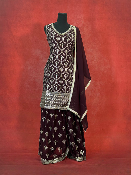 Regal Dark Maroon Handwork Sharara Set