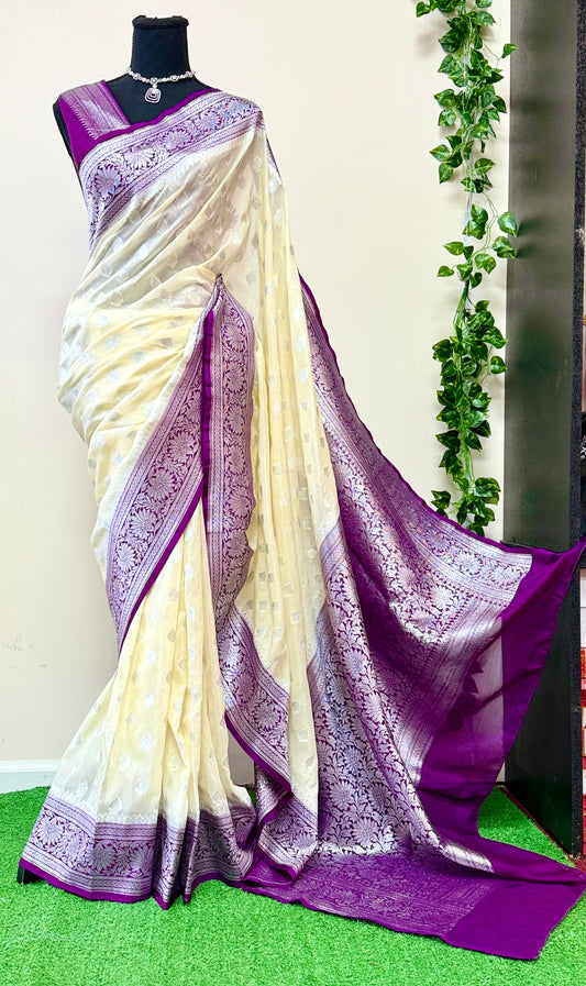 Cream Prem Nagari Saree with Purple and Silver Accents (Includes Unstitched Blouse)