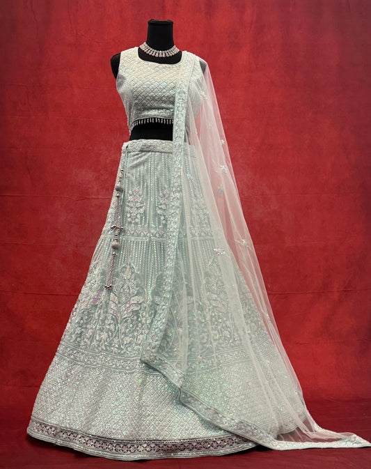 Light Teal Lehenga with Iridescent Sequins and White Embroidery (with attachable sleeve)