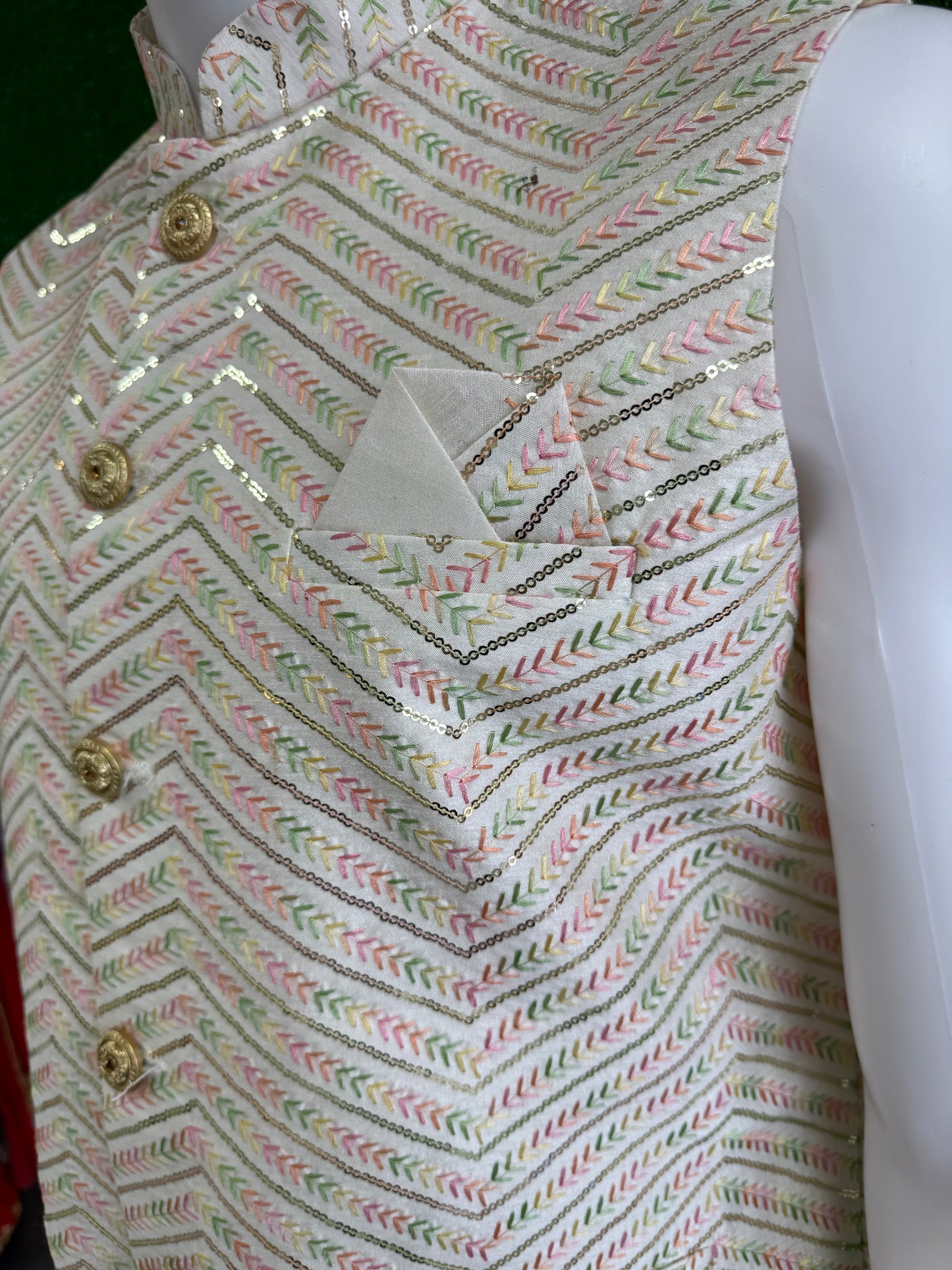 Light Green Modi Coat – Intricate Pink & Silver Patterns