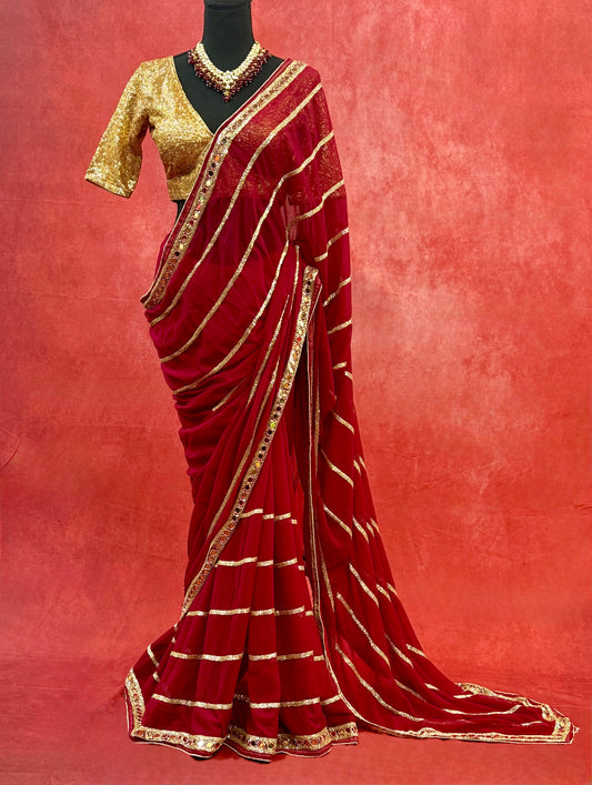 Maroon Chiffon Saree with Luxurious Gold Handwork