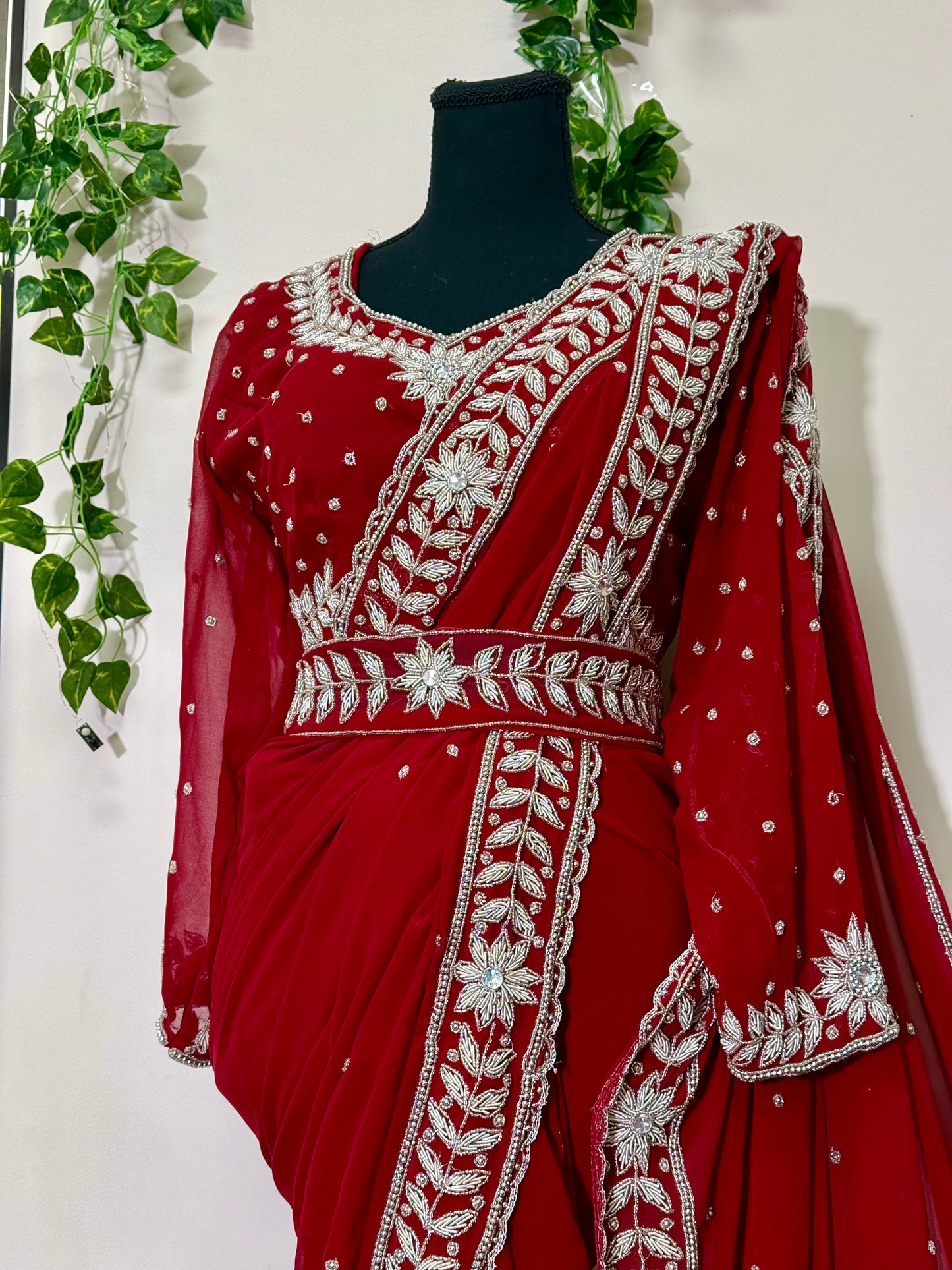 Pure Georgette Saree – Maroon with Exquisite Handwork (Includes Stitched Blouse)