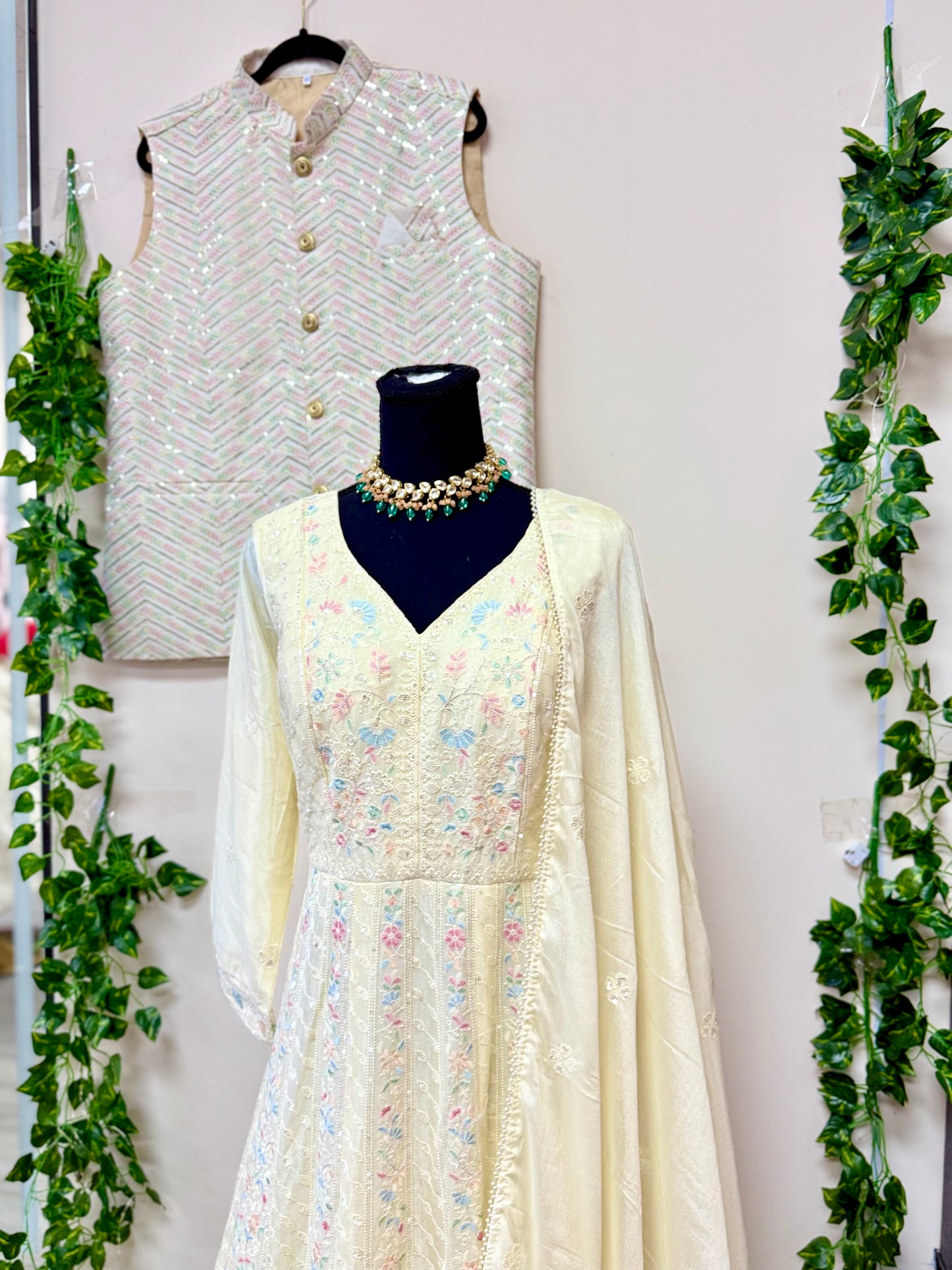 Off-White Designer Gown with Chiffon Dupatta & Lucknowi Chikankari