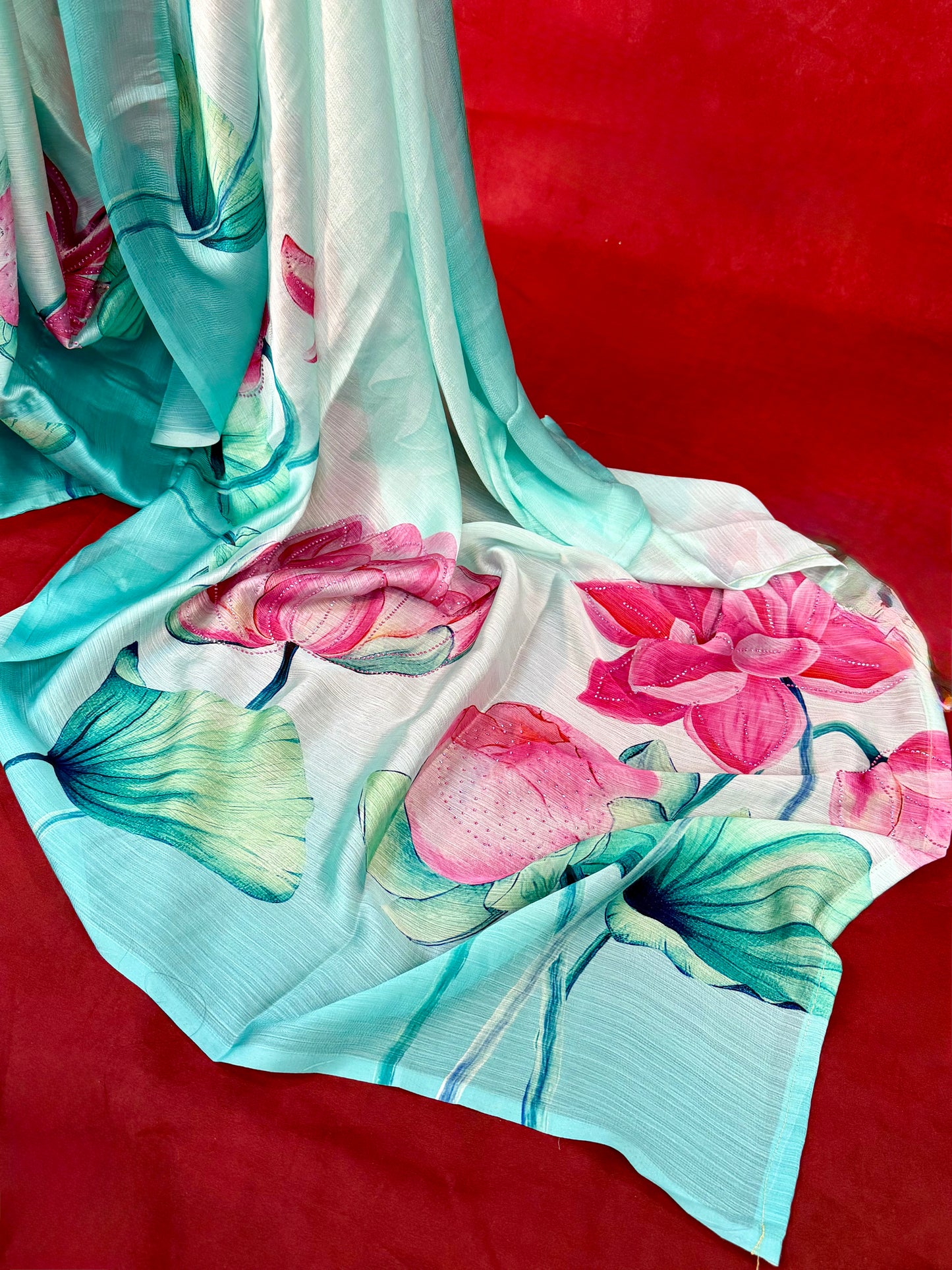 Light Turquoise Chinon Digital Print Saree with Pink Floral Motifs