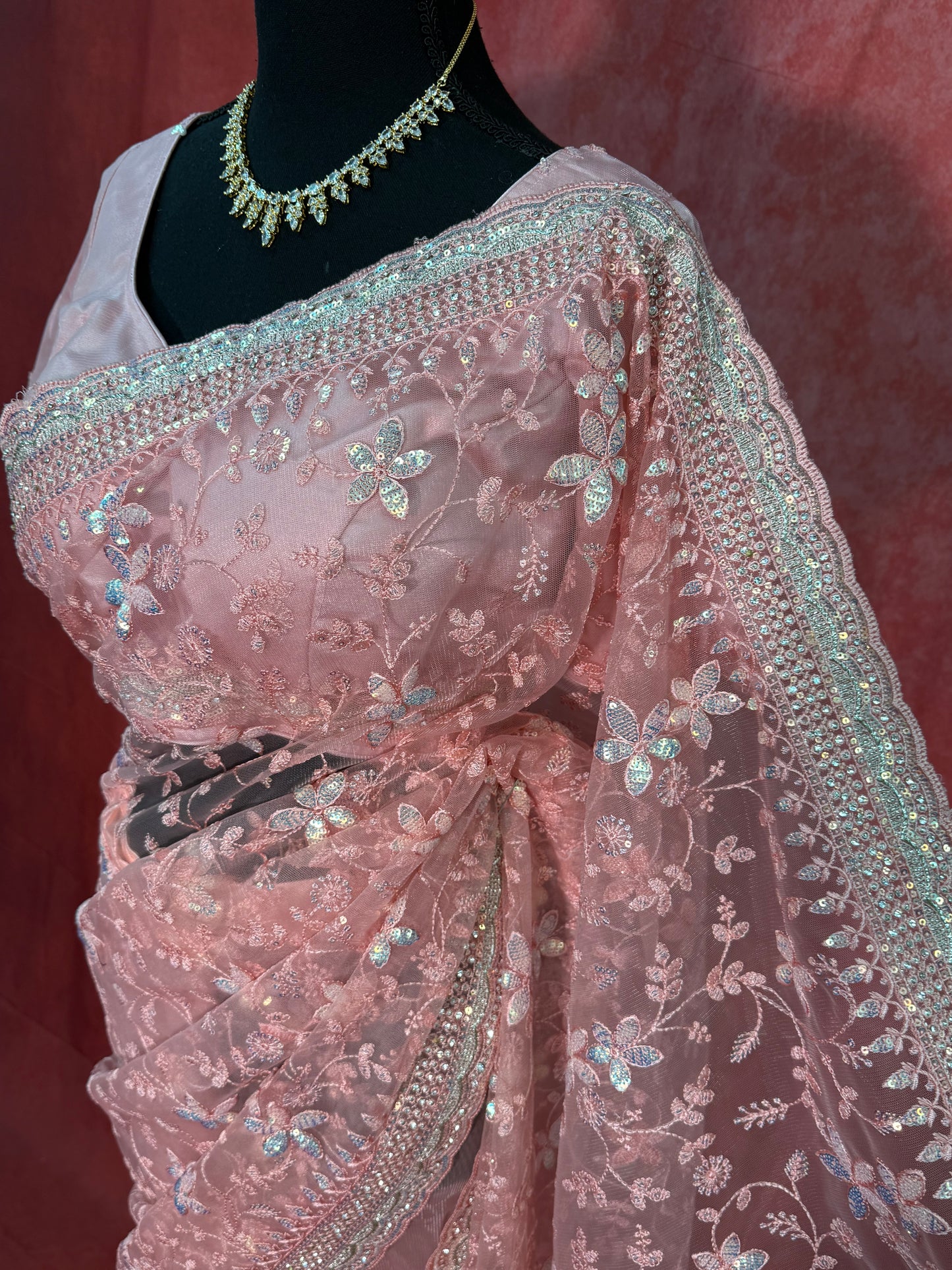 Premium Ready-to-Wear Soft Pink Net Saree with Sequins and Handwork