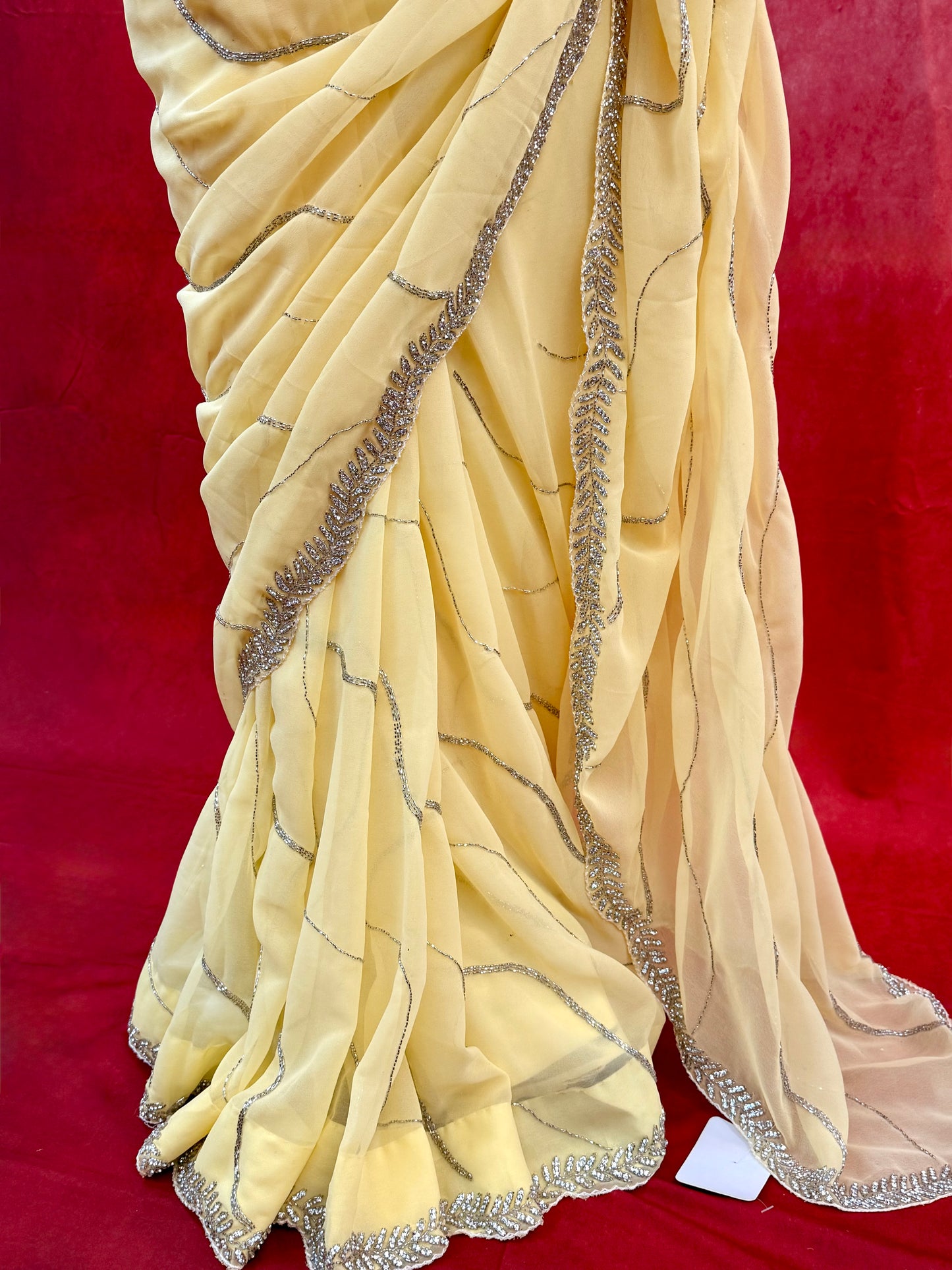 Elegant Yellow Pure Chiffon Saree with Intricate Handwork (Includes Stitched Blouse)