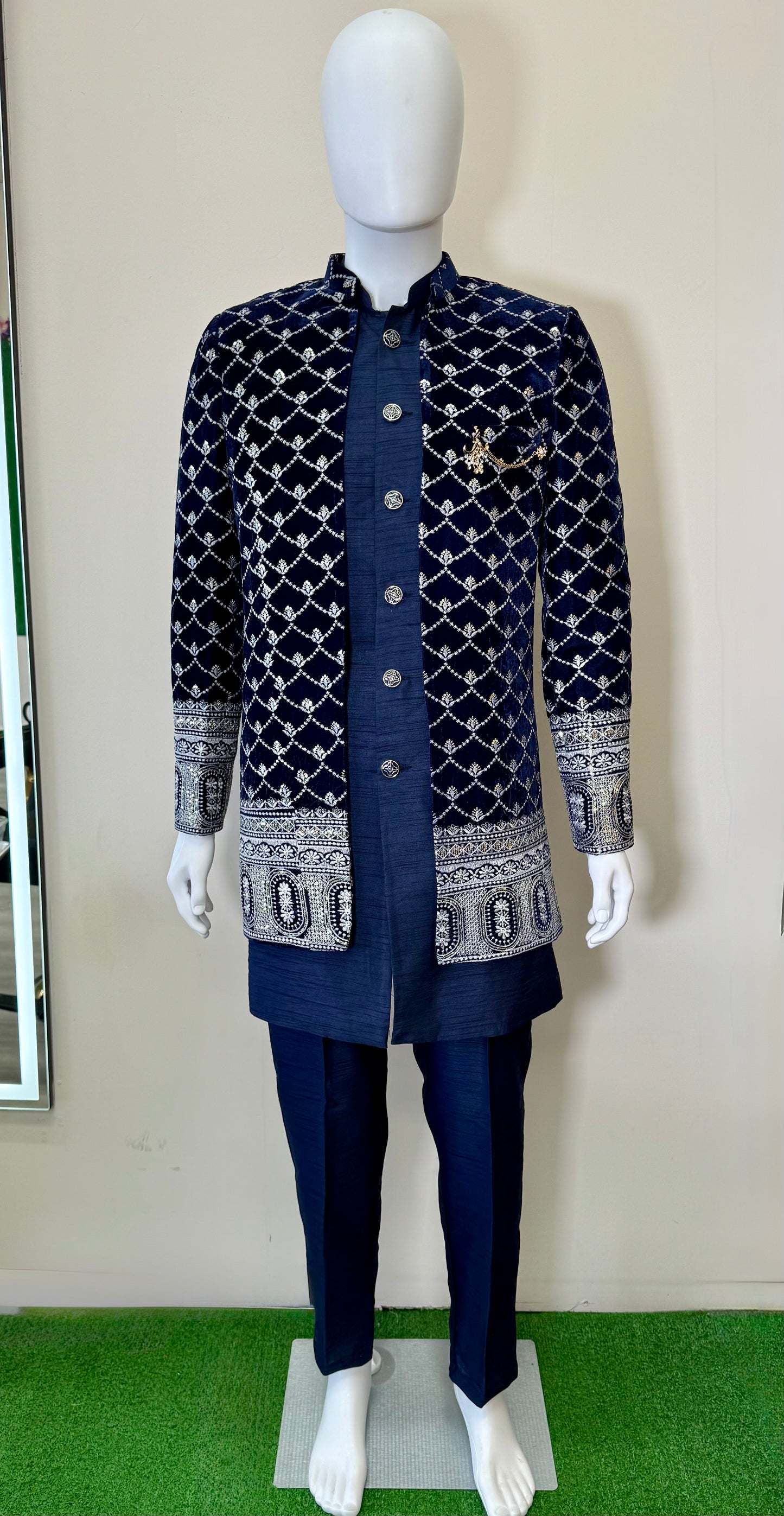 Dark Blue Sherwani with Intricate White Embroidery