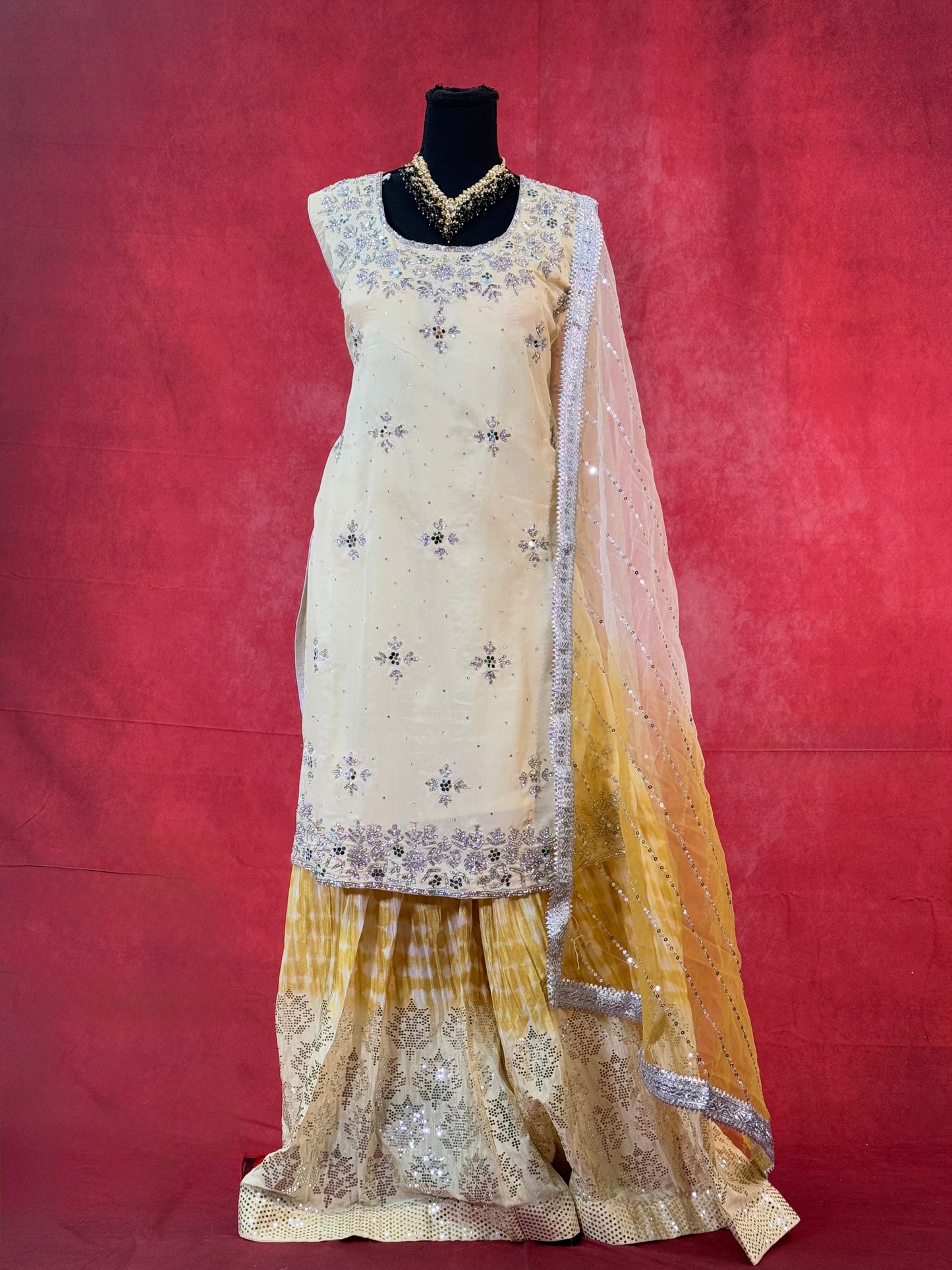 Graceful Light Yellow Sharara Set with Golden Dupatta