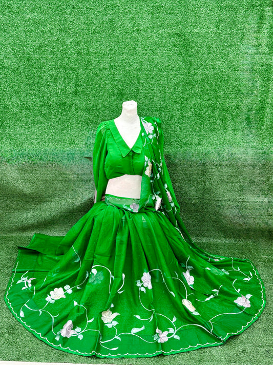 Premium Green Pure Chiffon Saree with Finished Fall and Pico