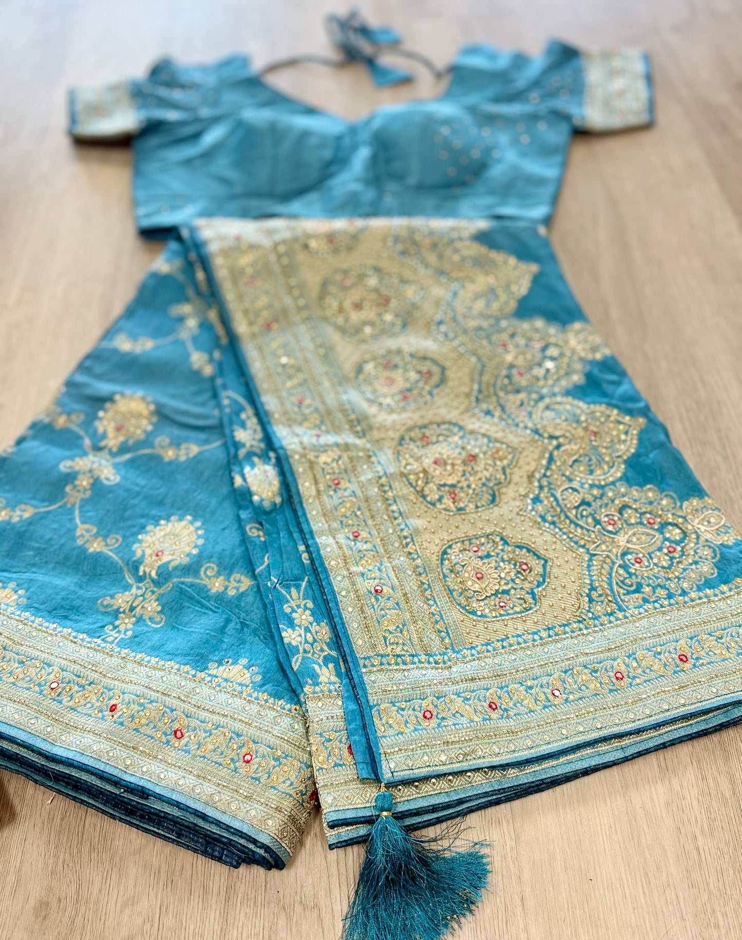 Pure Dola Silk Saree – Sky Blue with Elegant Handwork (Includes Stitched Blouse)