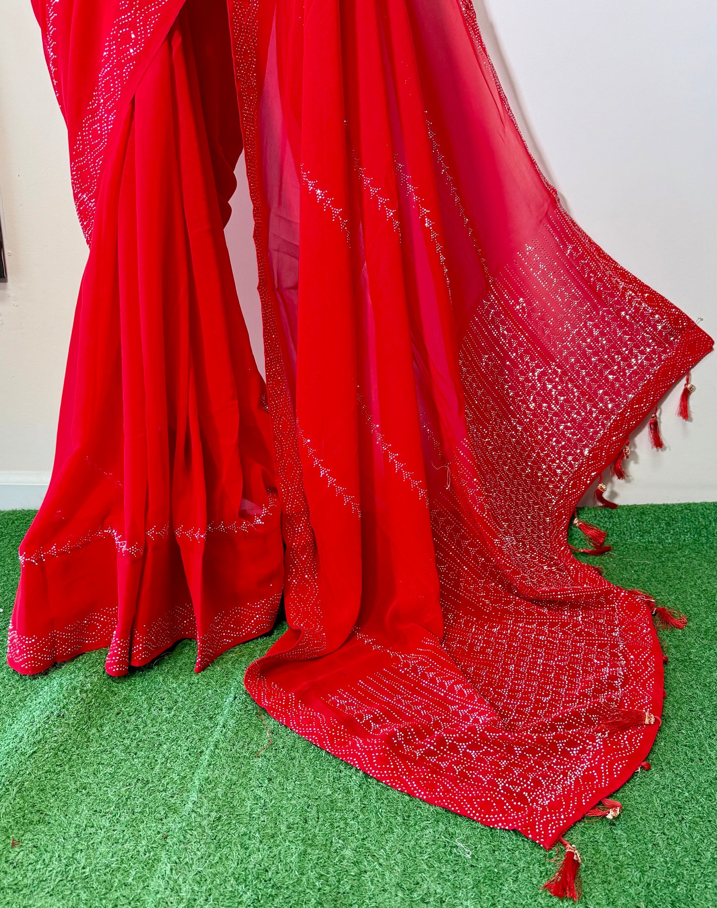 Pure Red Georgette Saree with White Surakshi Work