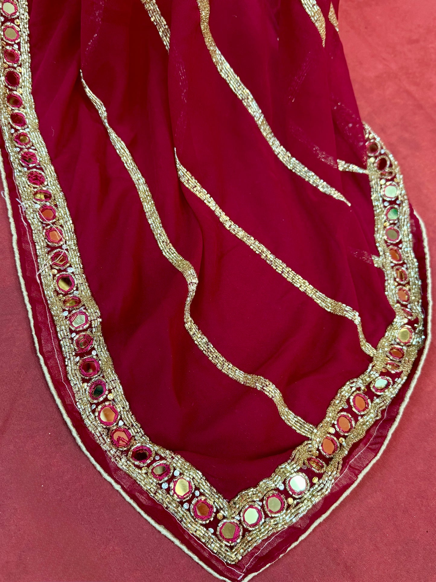 Maroon Chiffon Saree with Luxurious Gold Handwork