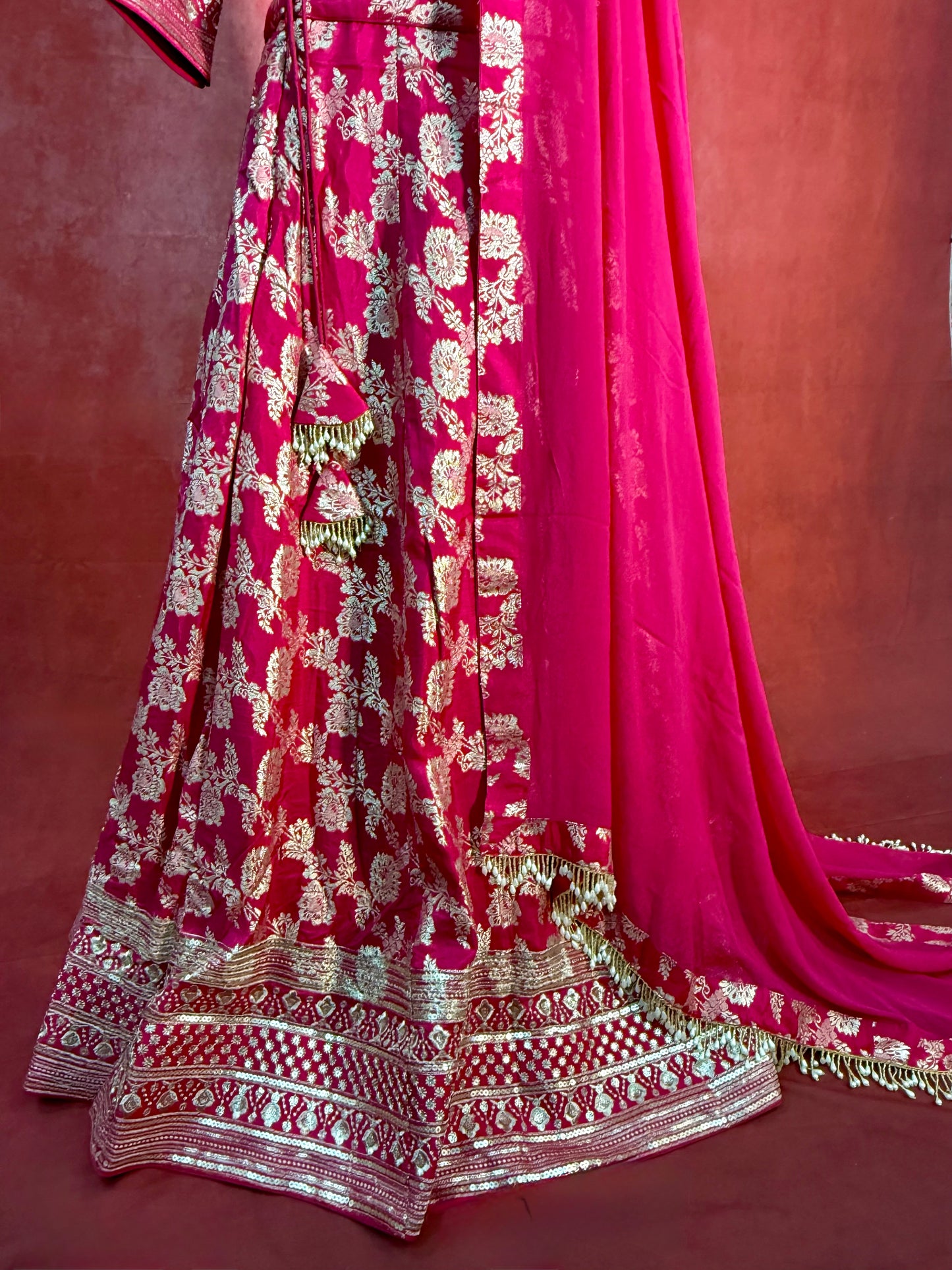 Hot Pink Banarasi Lehenga with Soft Chiffon Dupatta and Golden Zari Work