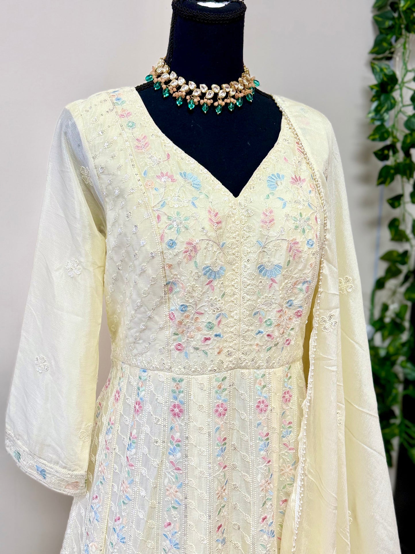 Off-White Designer Gown with Chiffon Dupatta & Lucknowi Chikankari