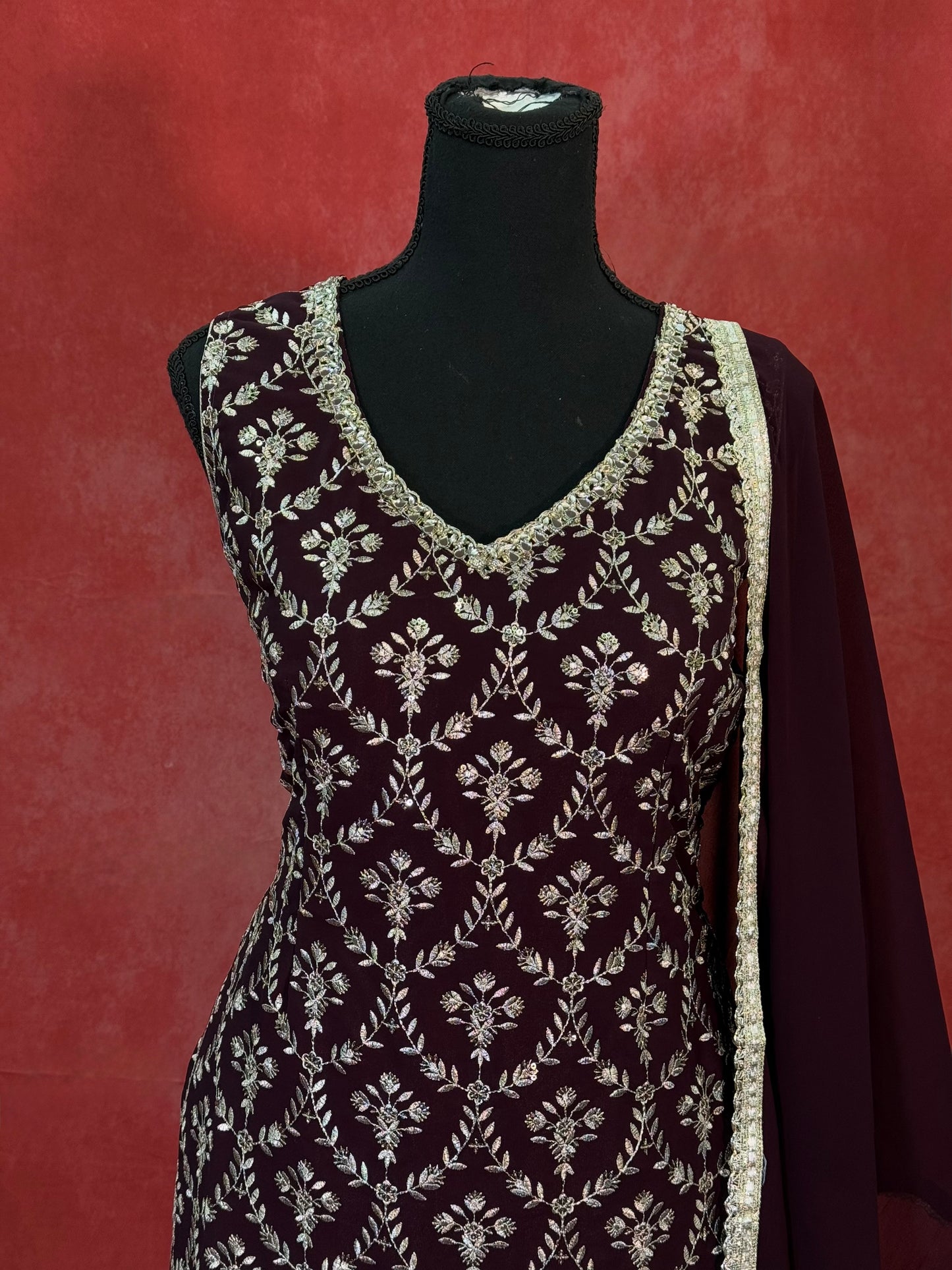 Regal Dark Maroon Handwork Sharara Set