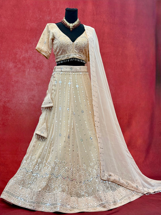 Cream Pure Dyeable Chiffon Lehenga with Silver Embellishments