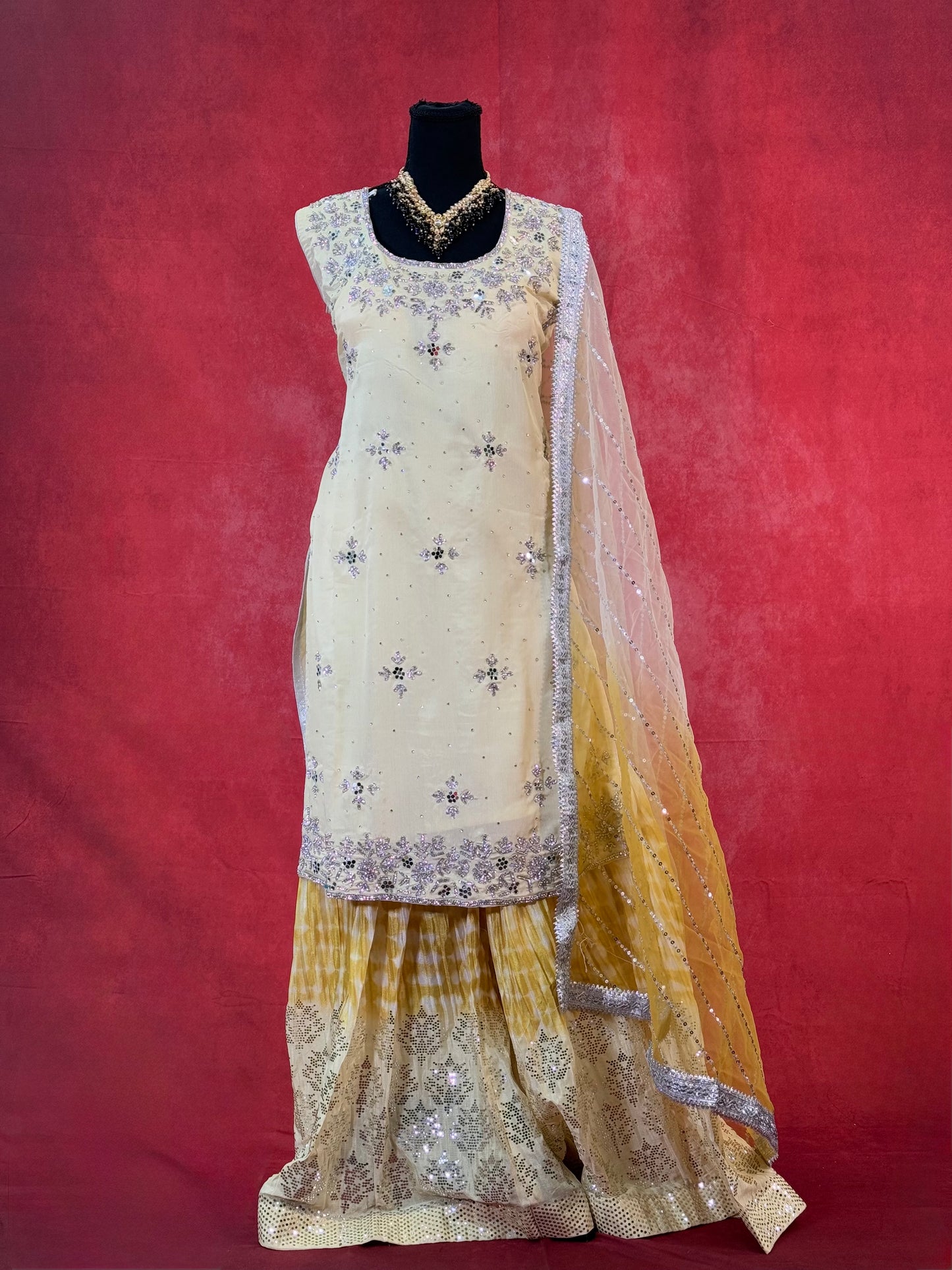 Graceful Light Yellow Sharara Set with Golden Dupatta