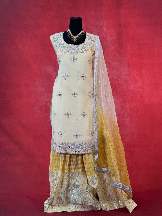 Graceful Light Yellow Sharara Set with Golden Dupatta