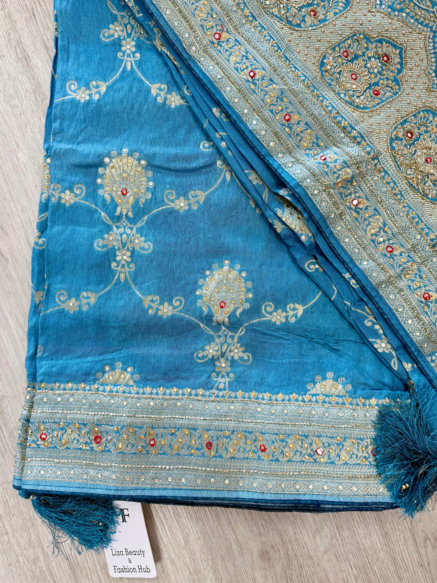 Pure Dola Silk Saree – Sky Blue with Elegant Handwork (Includes Stitched Blouse)