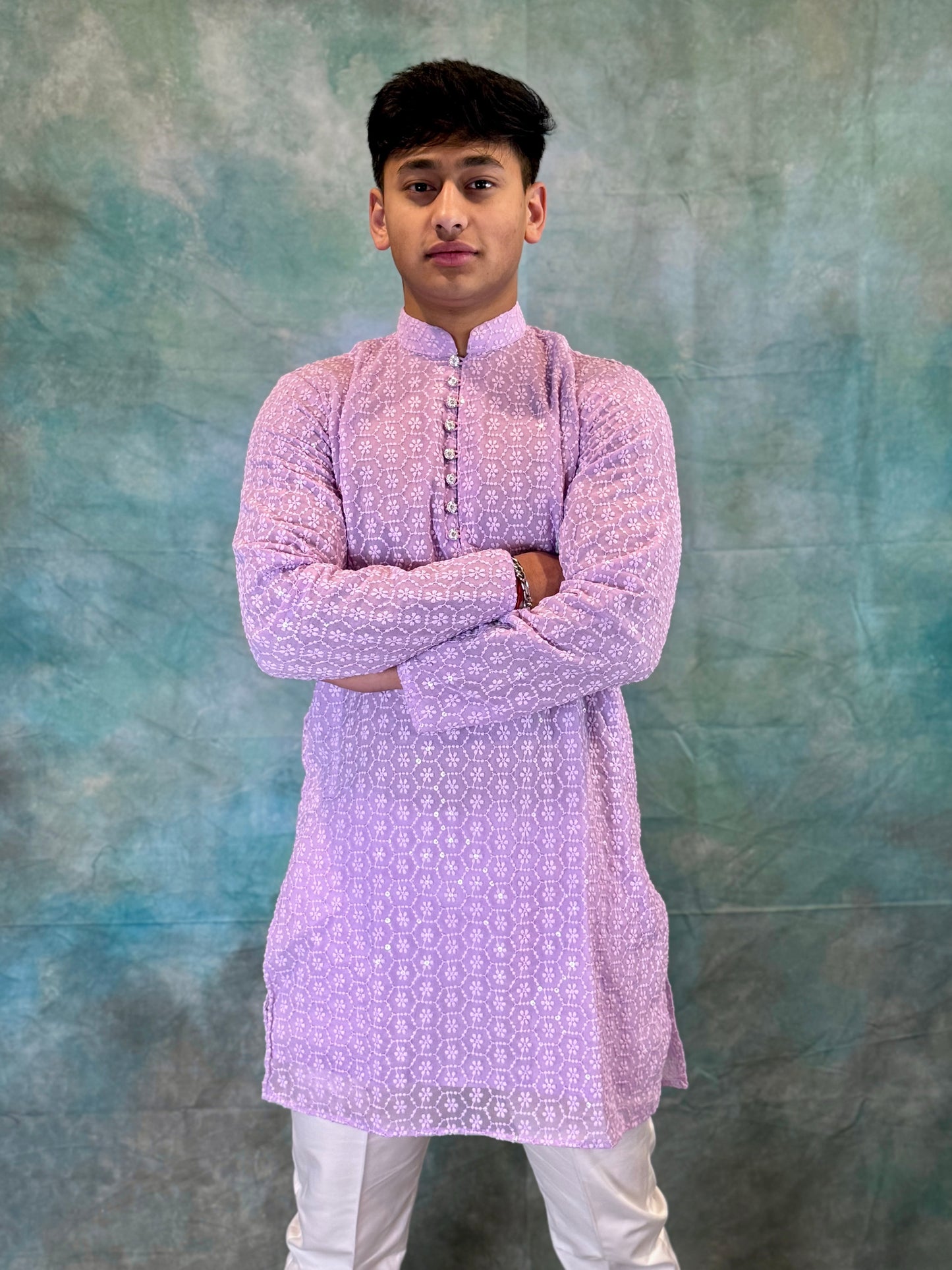 Subtle Patterned Purple Men’s Kurta with Pant Set