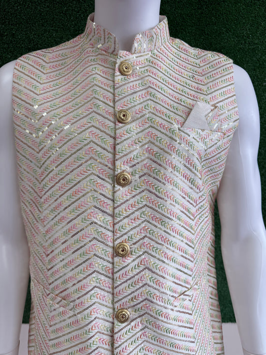 Light Green Modi Coat – Intricate Pink & Silver Patterns