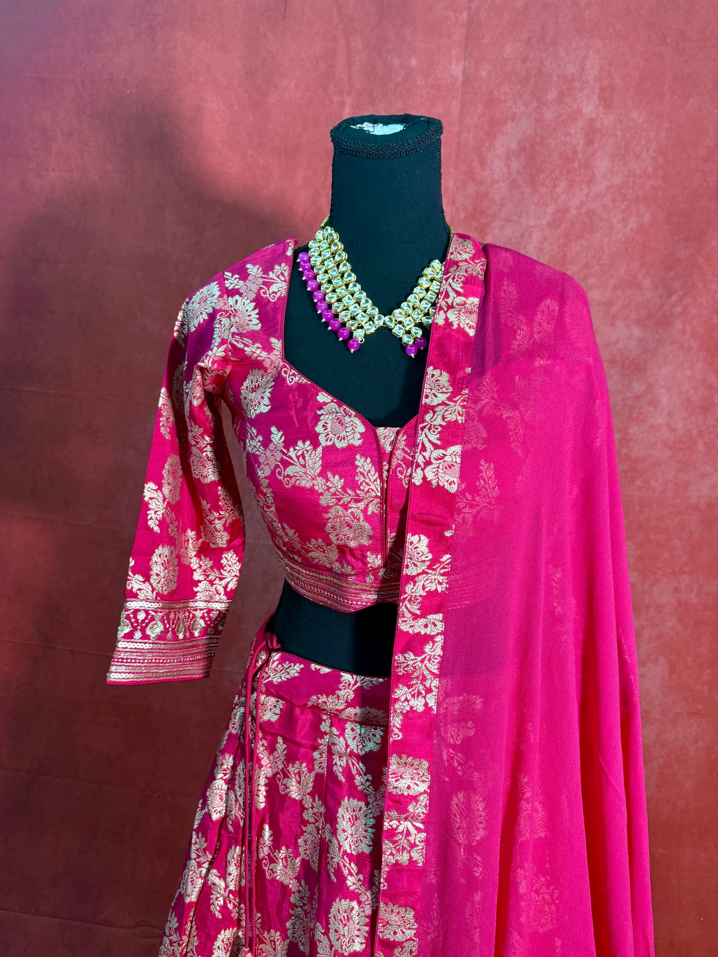 Hot Pink Banarasi Lehenga with Soft Chiffon Dupatta and Golden Zari Work