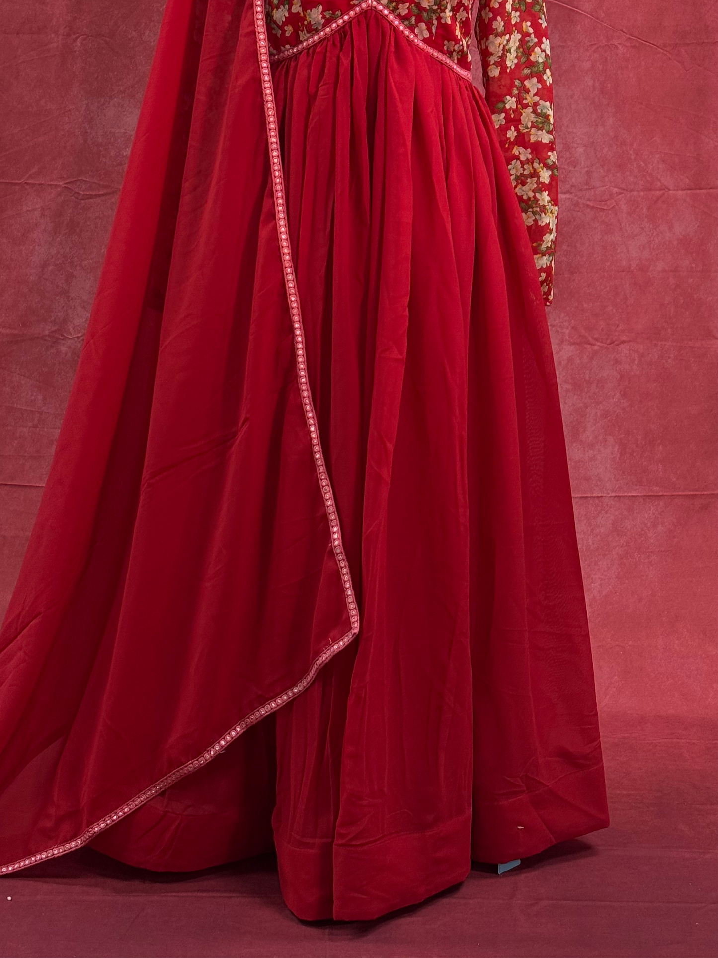 Red Floral Detail Anarkali with Georgette Umbrella Design and Pant Dupatta