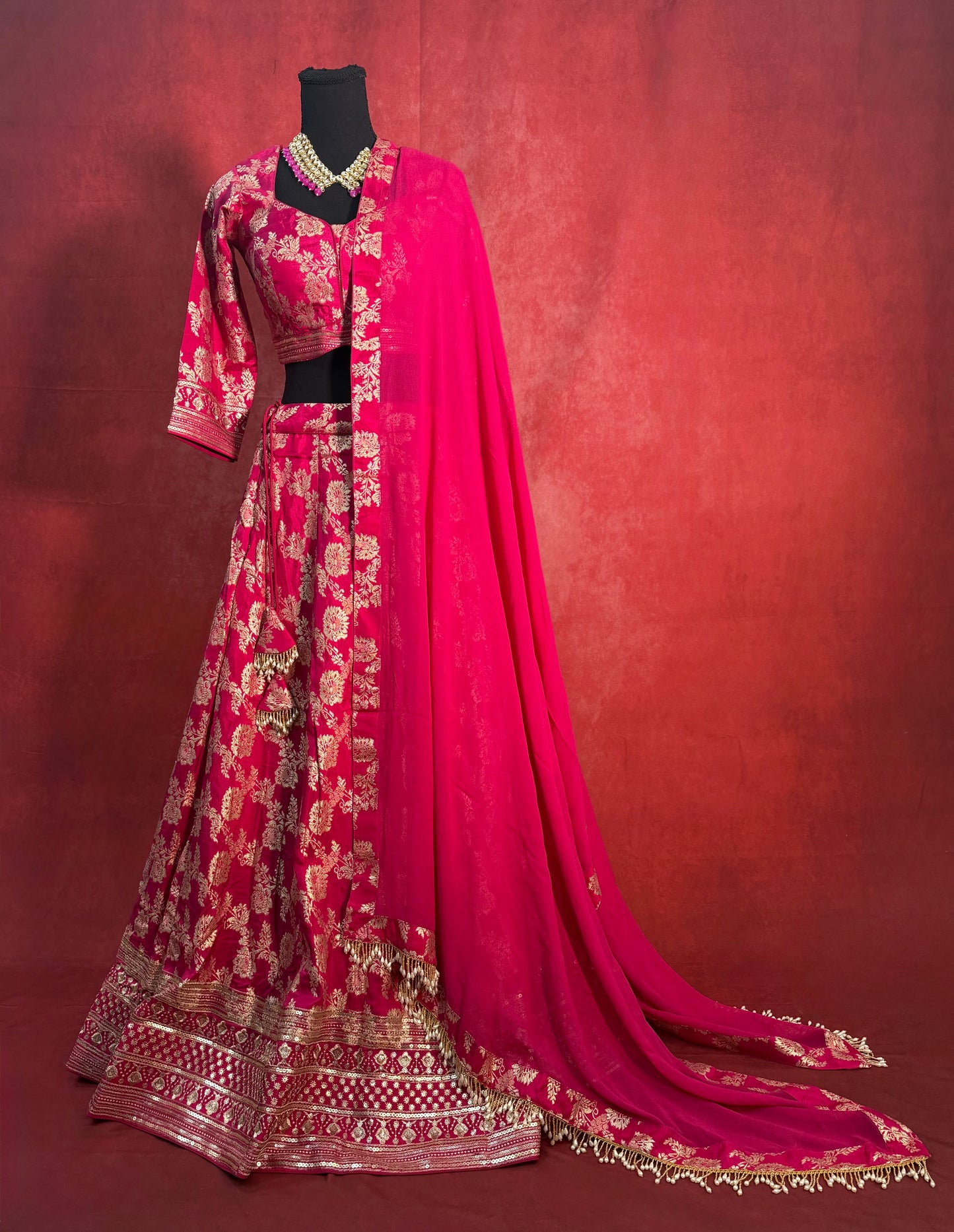 Hot Pink Banarasi Lehenga with Soft Chiffon Dupatta and Golden Zari Work