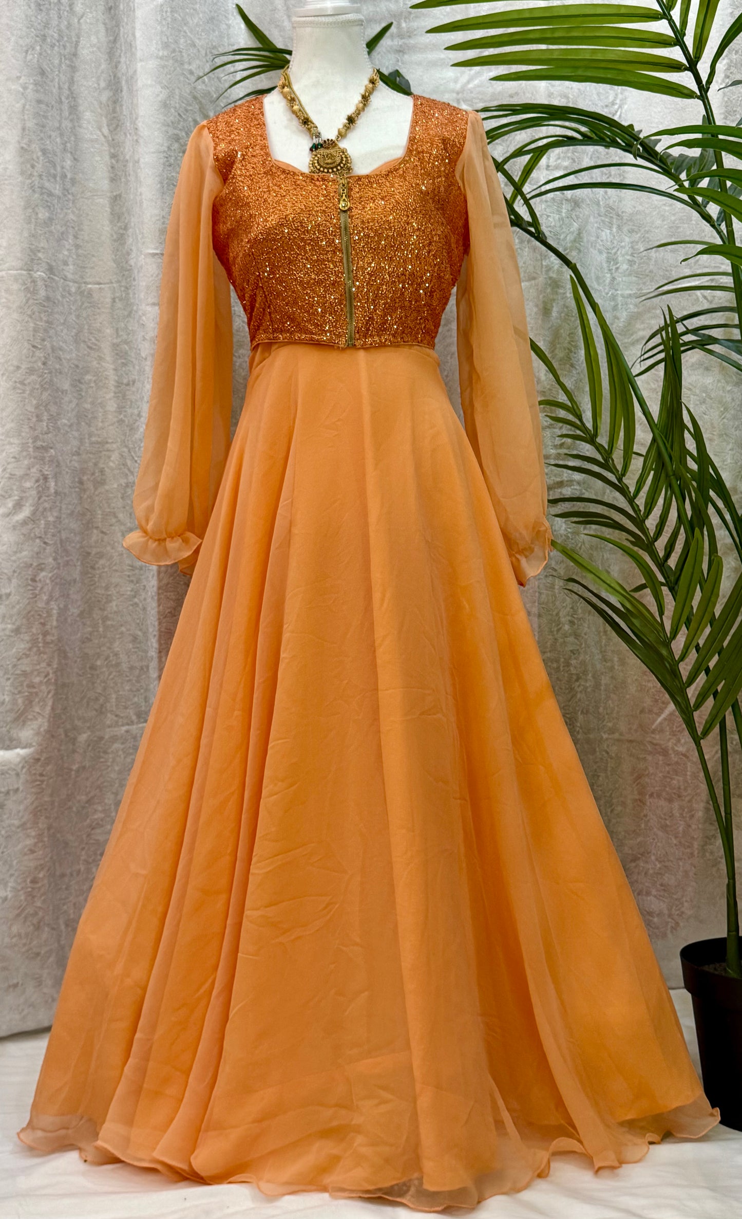 Pure Georgette Gown in Vibrant Orange (with outer)