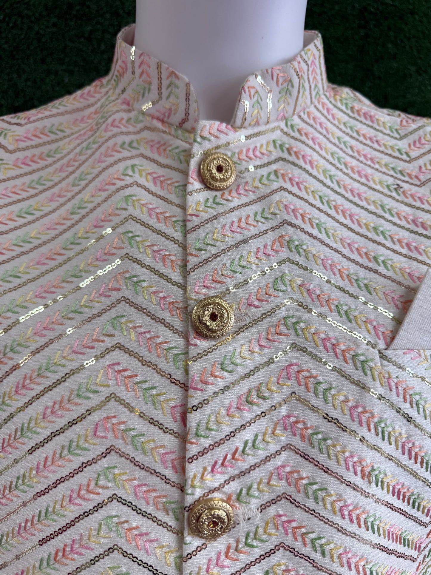 Light Green Modi Coat – Intricate Pink & Silver Patterns