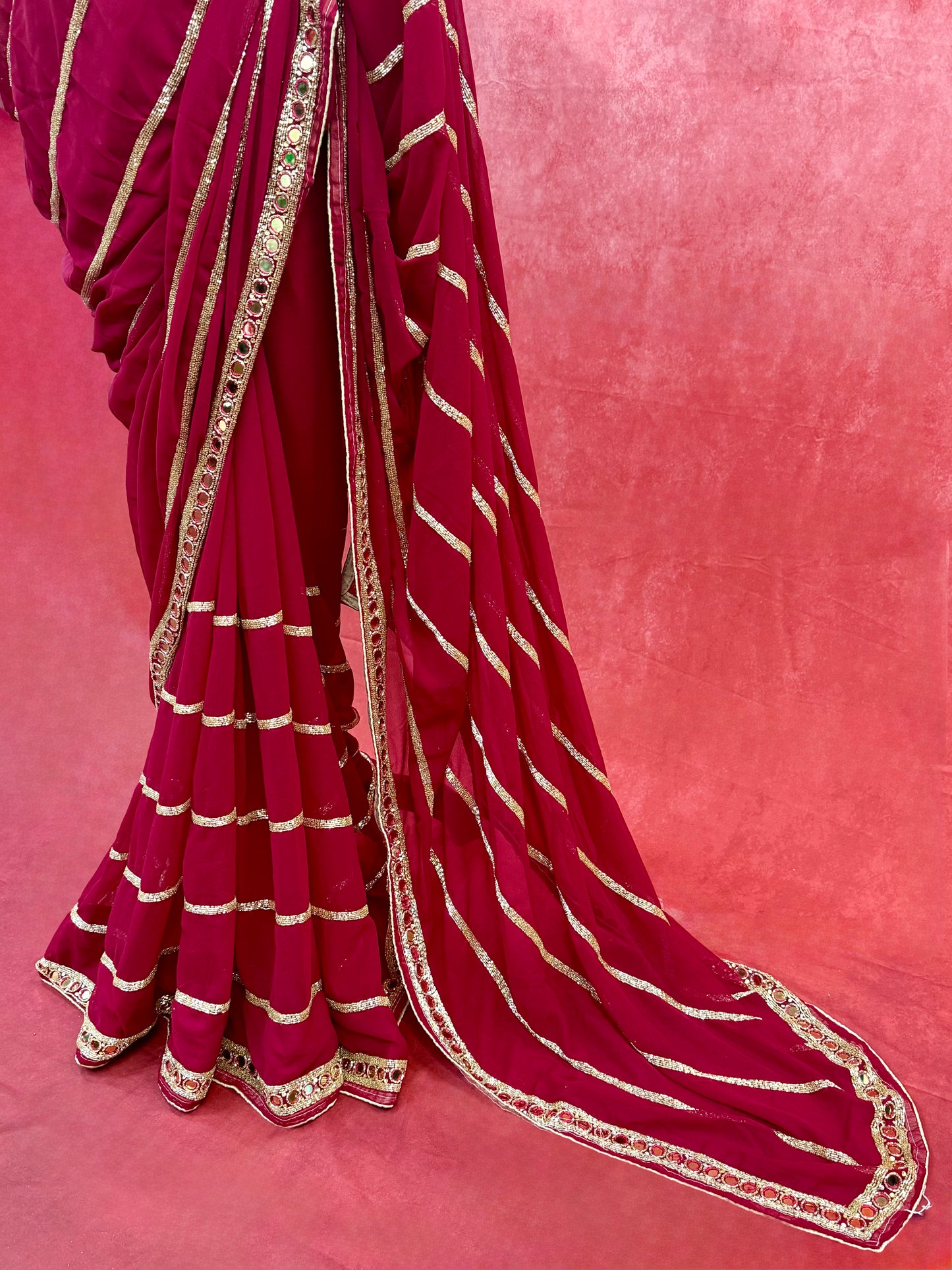 Maroon Chiffon Saree with Luxurious Gold Handwork