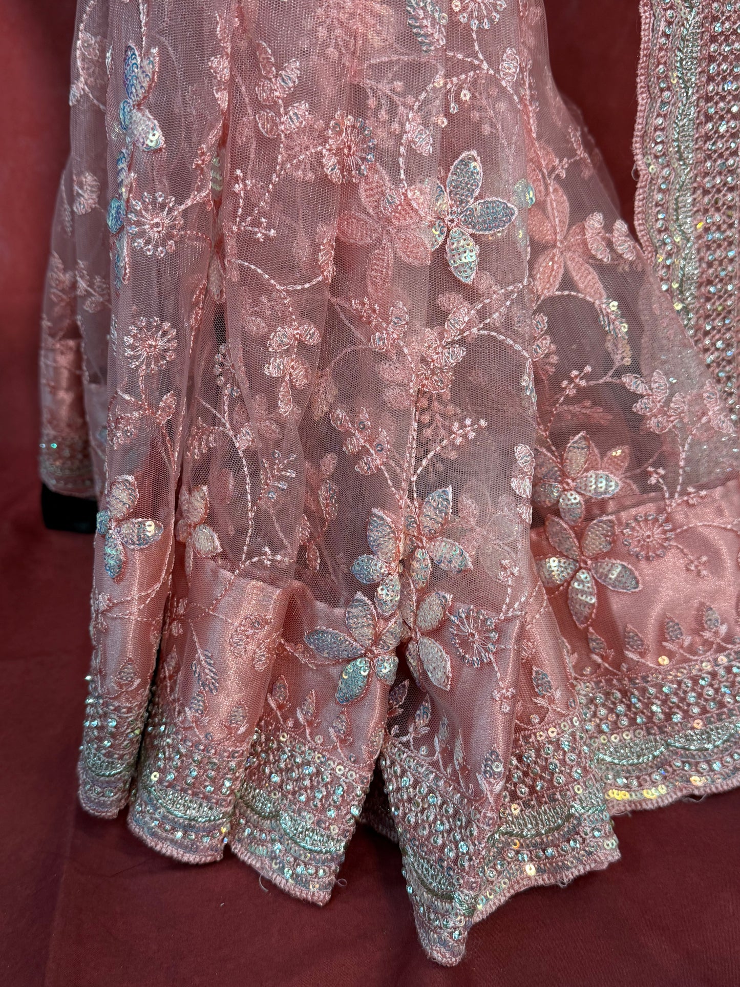 Premium Ready-to-Wear Soft Pink Net Saree with Sequins and Handwork