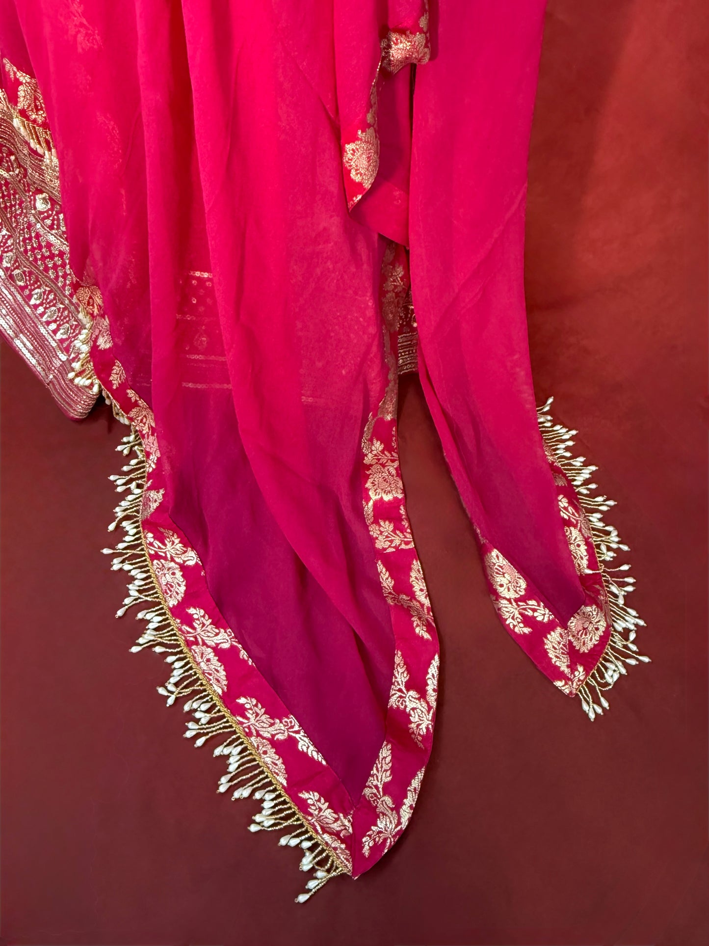 Hot Pink Banarasi Lehenga with Soft Chiffon Dupatta and Golden Zari Work